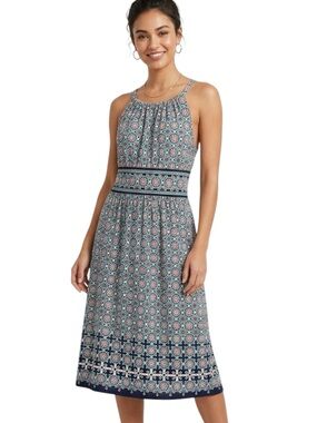 Max Studio Geometric Floral Halter Midi Dress Sleeveless Navy Blue Size S